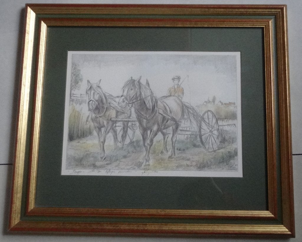 AQUAREL PAARDEN VOOR DE PLOEG * in Mooie Lijst *, Antiek en Kunst, Verzenden, Dieren, Gesigneerd, Papier