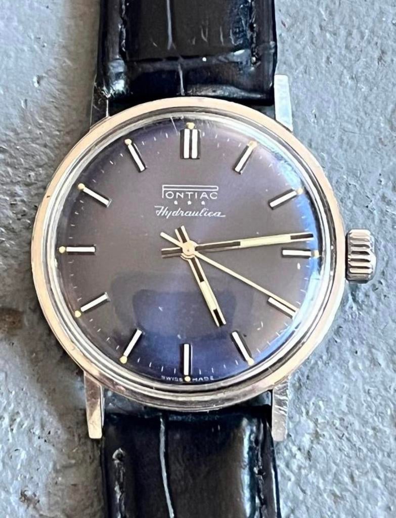 Vintage Pontiac *** Hydraulica automatic heren pols horloge, Ophalen, Gebruikt, Leer, Overige merken
