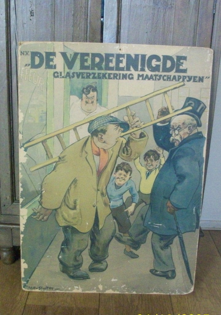 Antiek bord 'De Vereenigde Glasverzekering Maatschappijen', Ophalen of Verzenden, Gebruikt, Reclamebord
