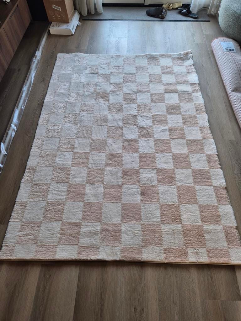 Vloerkleed met geblokt patroon - Crème/Beige, Crème, 150 tot 200 cm, Ophalen of Verzenden, Rechthoekig