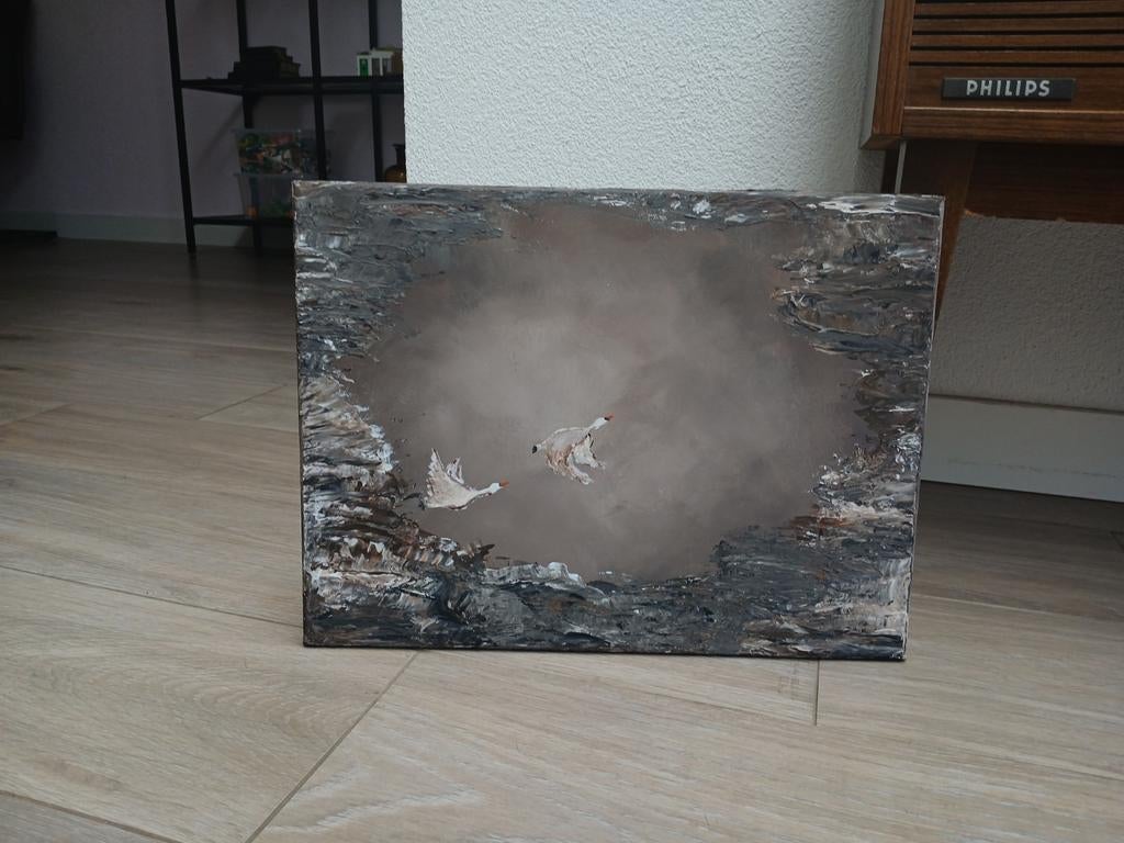 Handgemaakt schilderij met vliegende zwanen, Ophalen of Verzenden, Vrijstaande haard, Elektrische haard