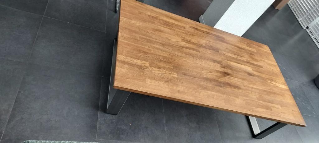 Salontafel met eiken blad en stalen poten, Huis en Inrichting, Tafels | Salontafels, Ophalen, 100 tot 150 cm, 50 tot 100 cm, Zo goed als nieuw