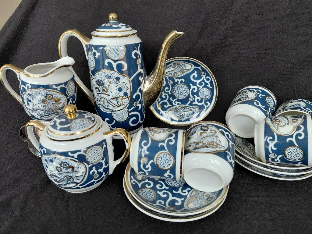Mooi 14dlg Servies Japanse Imari stijl Goud Wit Kobalt blauw, Ophalen of Verzenden
