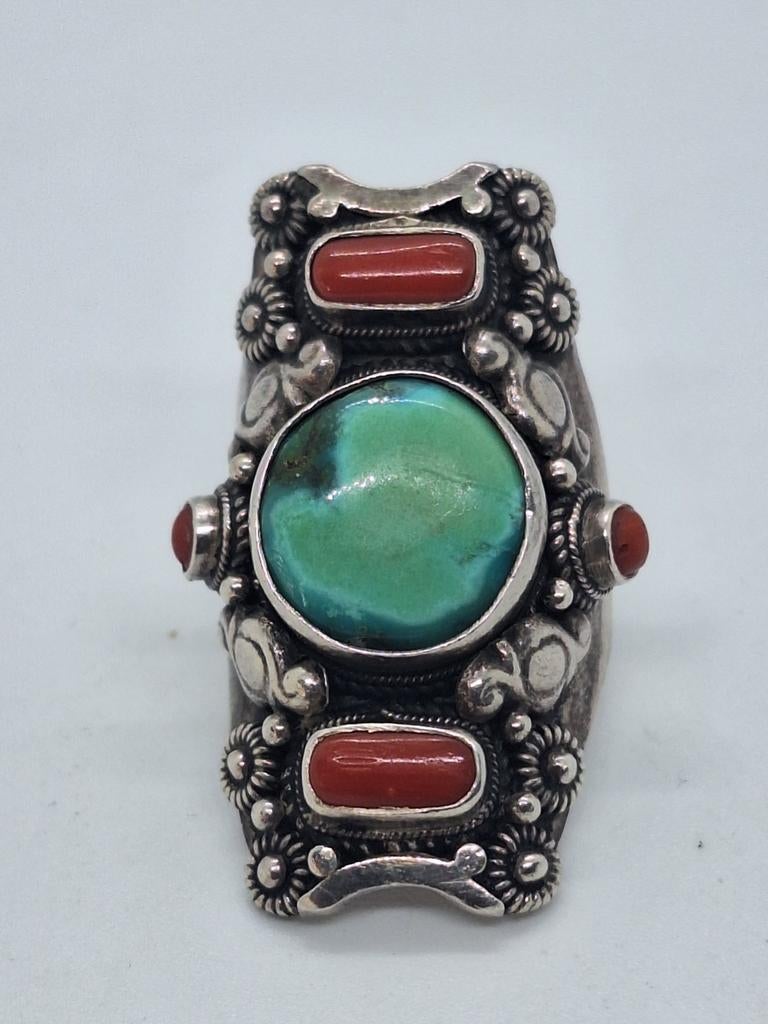 Navajo Native American ring turquoise zilver 925 bloedkoraal, 18 tot 19, Gebruikt, Ophalen of Verzenden, Met edelsteen