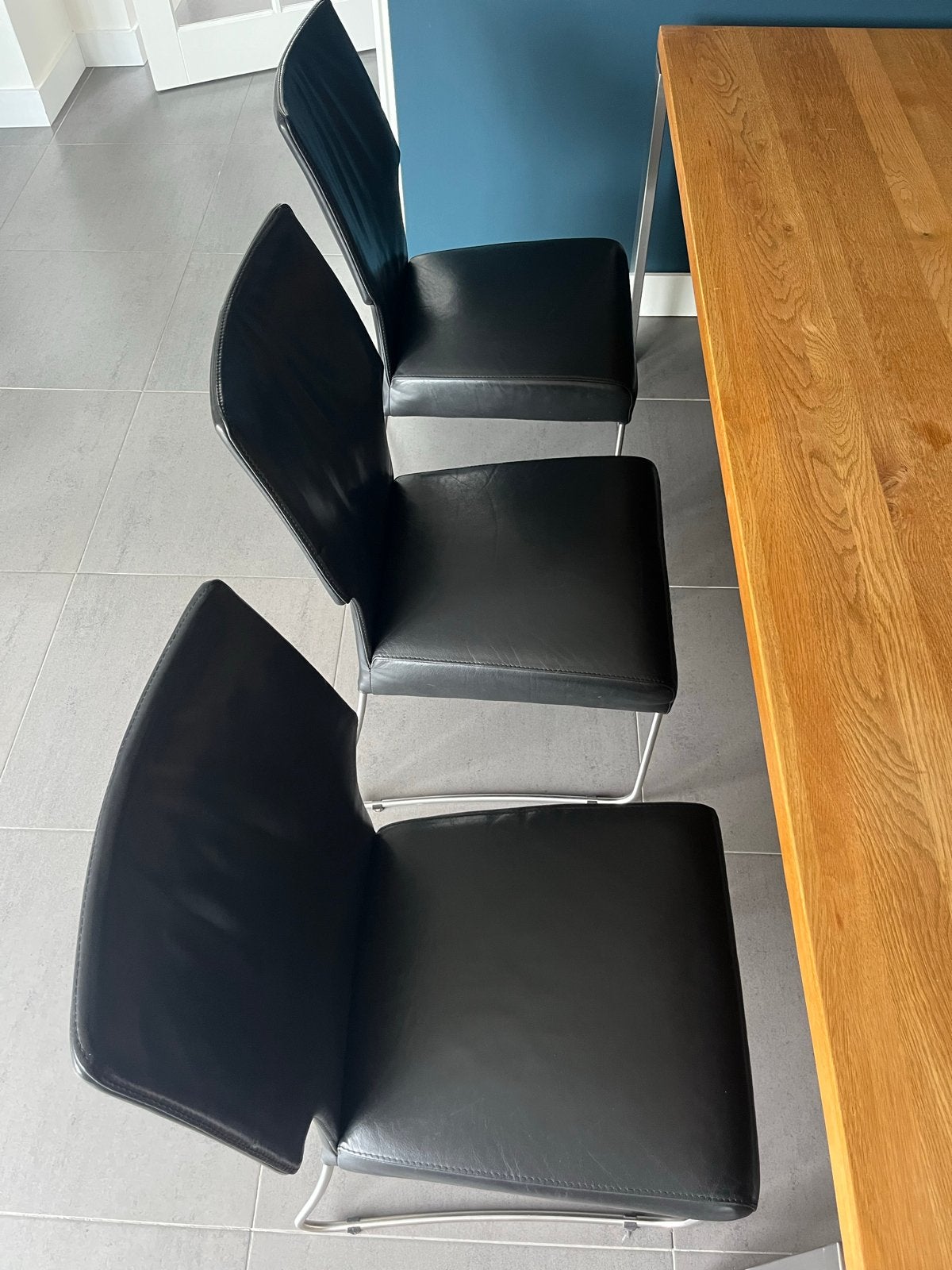 Eikenhouten eettafel (220x100) met 6 leren stoelen, Huis en Inrichting, Tafels | Eettafels, Ophalen, Gebruikt, 100 tot 150 cm