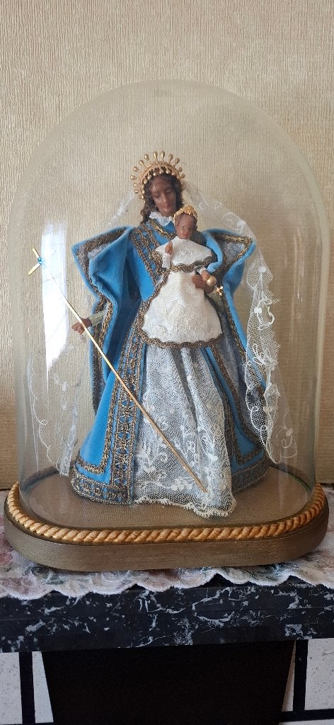 Antiek wassen Onze-Lieve-Vrouwebeeld met kind onder stolp, Ophalen