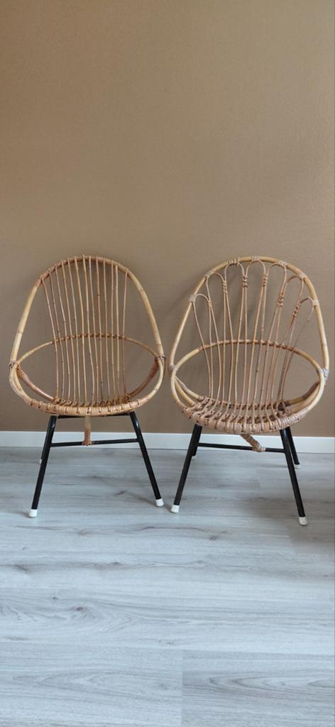 Set van 2 Vintage Rohé Noordwolde Rotan Kuipstoeltjes – MCM, Ophalen, Gebruikt, Bruin, Twee