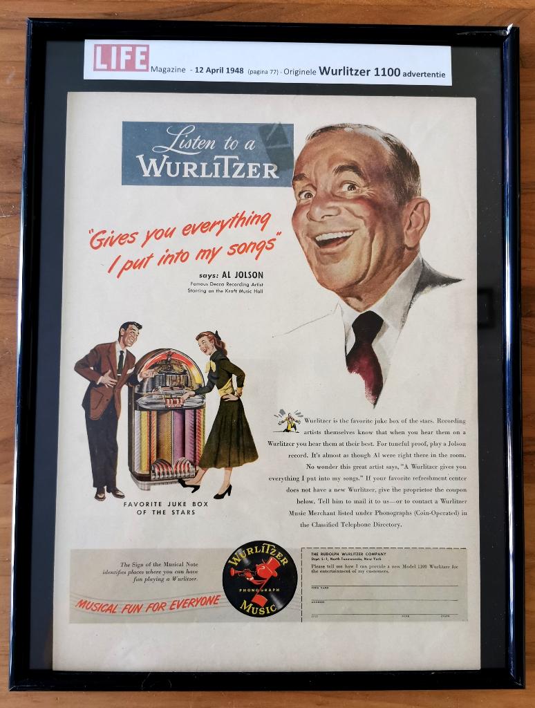 Originele Wurlitzer 1100 advertentie - 12 april 1948, Verzamelen, Automaten | Jukeboxen, Ophalen of Verzenden, Zo goed als nieuw