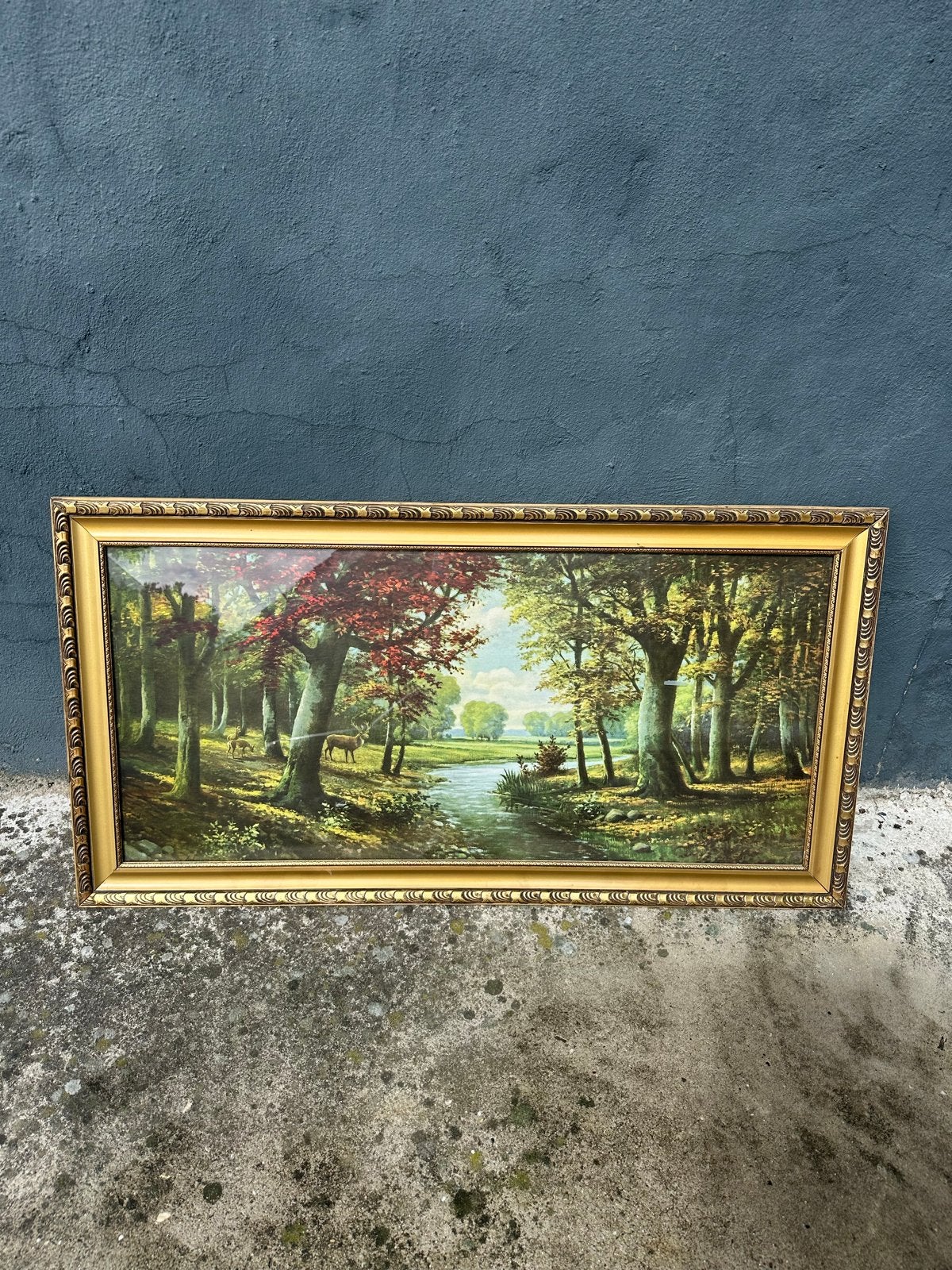 Groot Schilderij Boslandschap met Herten - 122x64 cm, Antiek en Kunst, Ophalen, Doek, Realistisch, Landschap