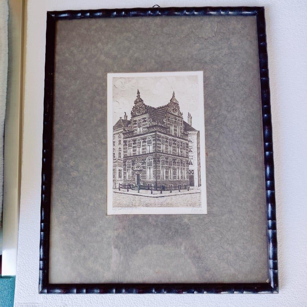 Ets van het Goudkantoortje in Groningen, Antiek en Kunst, Kunst | Etsen en Gravures, Ingelijst, Architectuur, Ophalen of Verzenden