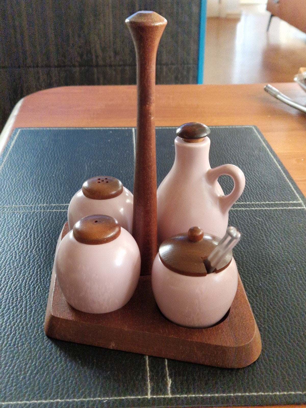 Vintage/Retro Peper-Zout-Mosterd-Olieset Teakhouten houder., Verzamelen, Retro, Ophalen of Verzenden, Huis en Inrichting