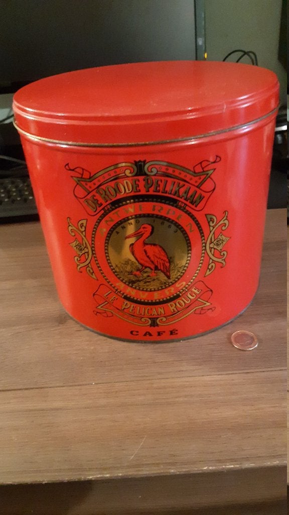 Mooi authentiek groot koffieblik de roode pelikaan i.z.g.st., Verzamelen, Blikken, Ophalen of Verzenden, Zo goed als nieuw, Overige