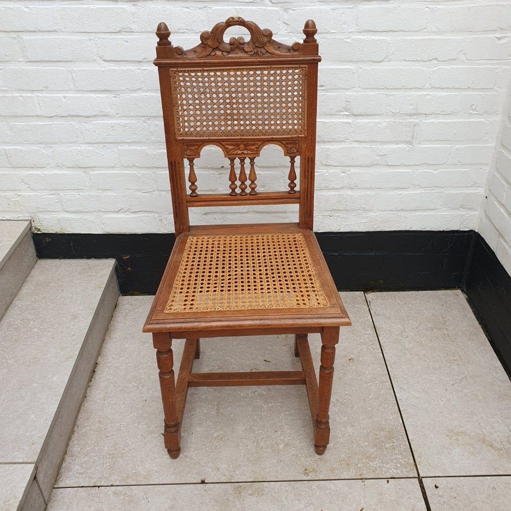 Zes antieke stoelen in eik en riet, in goede staat, Ophalen, Gebruikt, Bruin, Hout