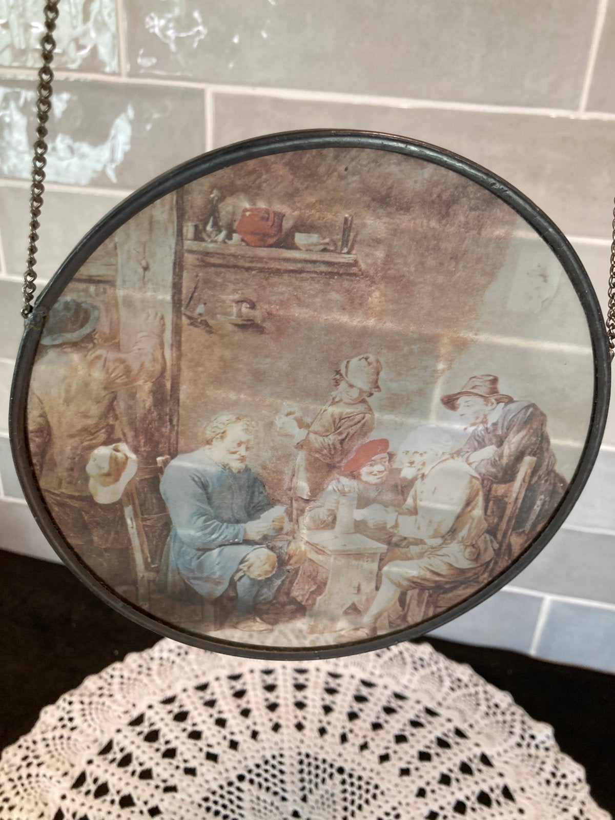 Glas in lood raamhanger, herberg tafereel (280526), Ophalen of Verzenden, Gebruikt, Glas