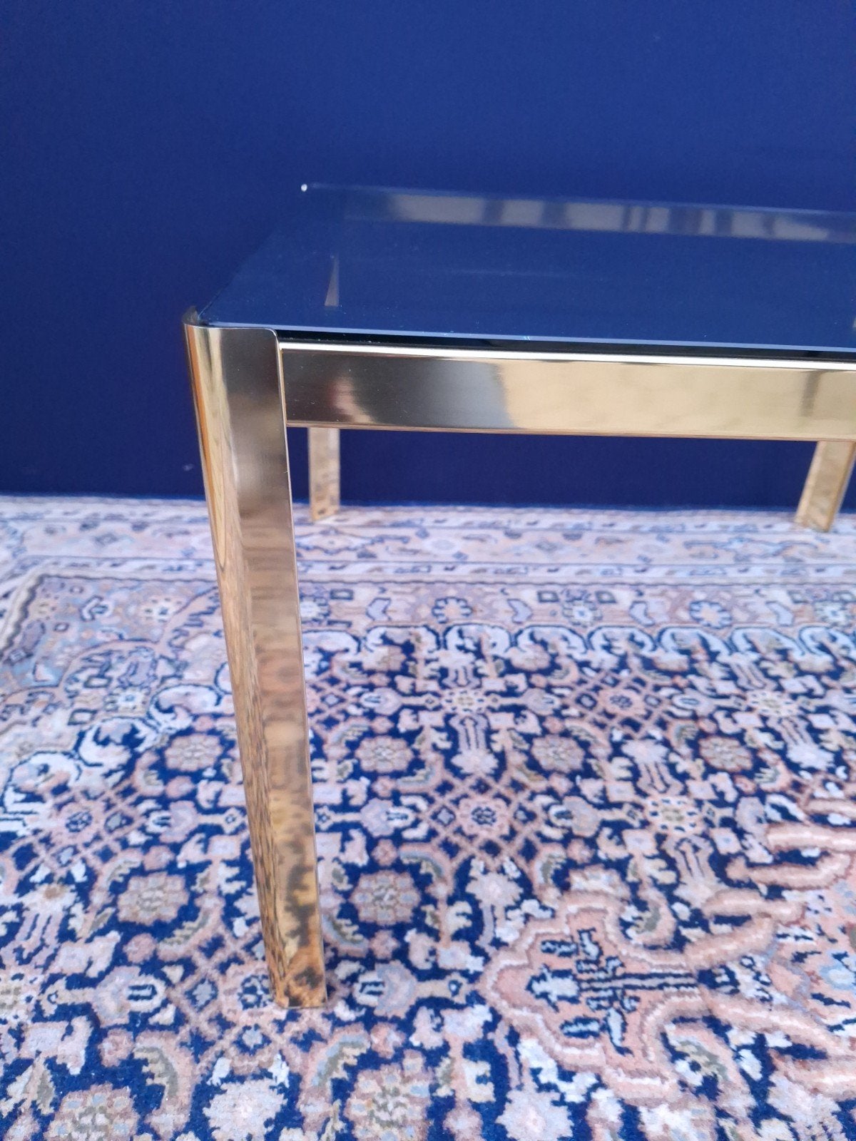 Vintage Hollywood Regency Empire style salontafel, glasplaat, Ophalen, Gebruikt, 50 tot 100 cm, Vierkant