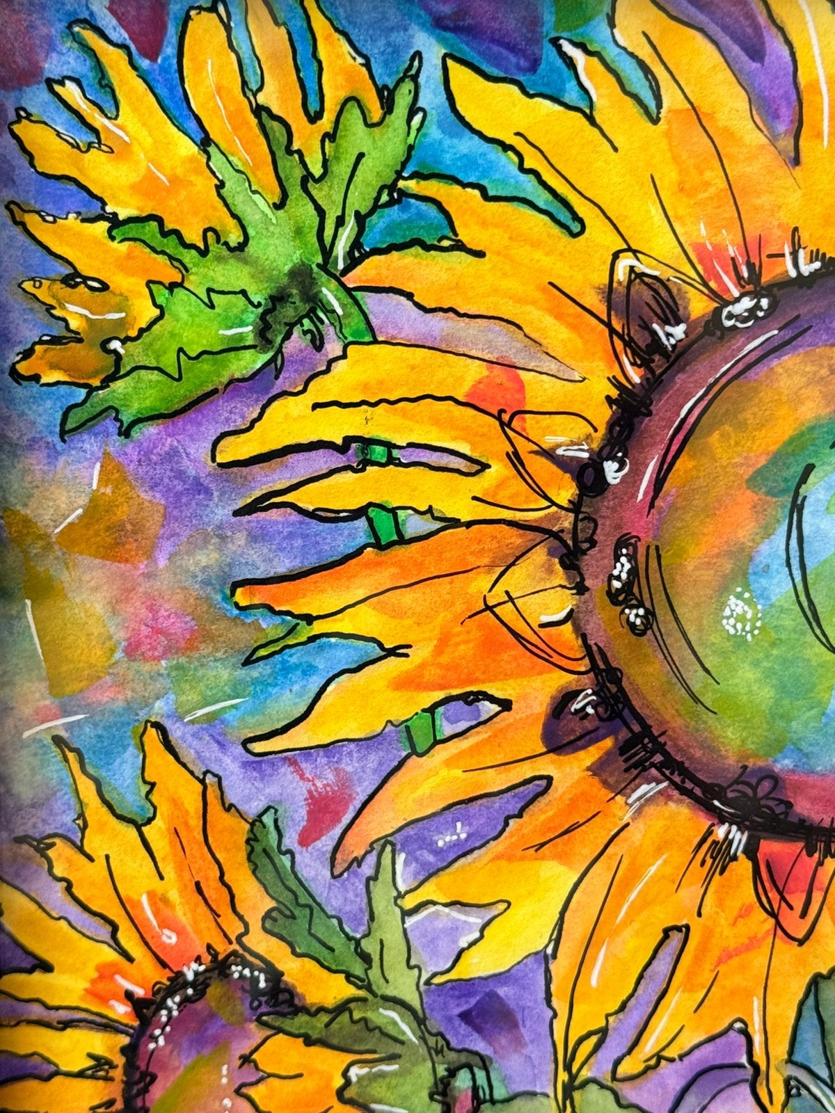 Sunflower Abstract, Verzenden, Gesigneerd, Aquarel, Abstract