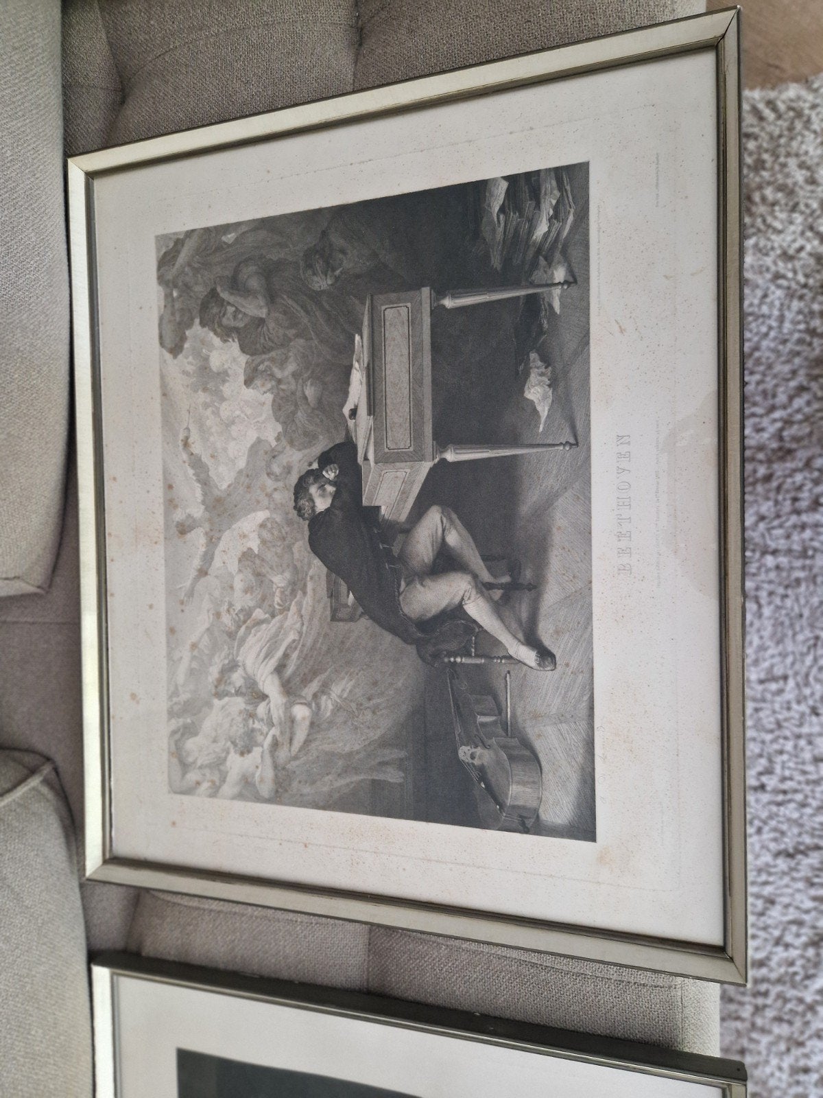 Beethoven en Mozart fotogravures in lijst, Antiek en Kunst, Ophalen, Print, Prent, Achter glas