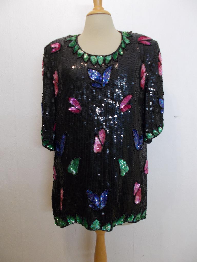 Zwarte pailletten glamour top van designer Frank Usher! L, Overige kleuren, Verzenden, Maat 42/44 (L), Zo goed als nieuw