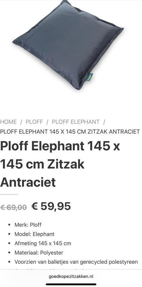 PLOFF zitzak XXL antraciet grijs 145 x 145 cm, Huis en Inrichting, Ophalen, Zo goed als nieuw, Grijs, Zitzak