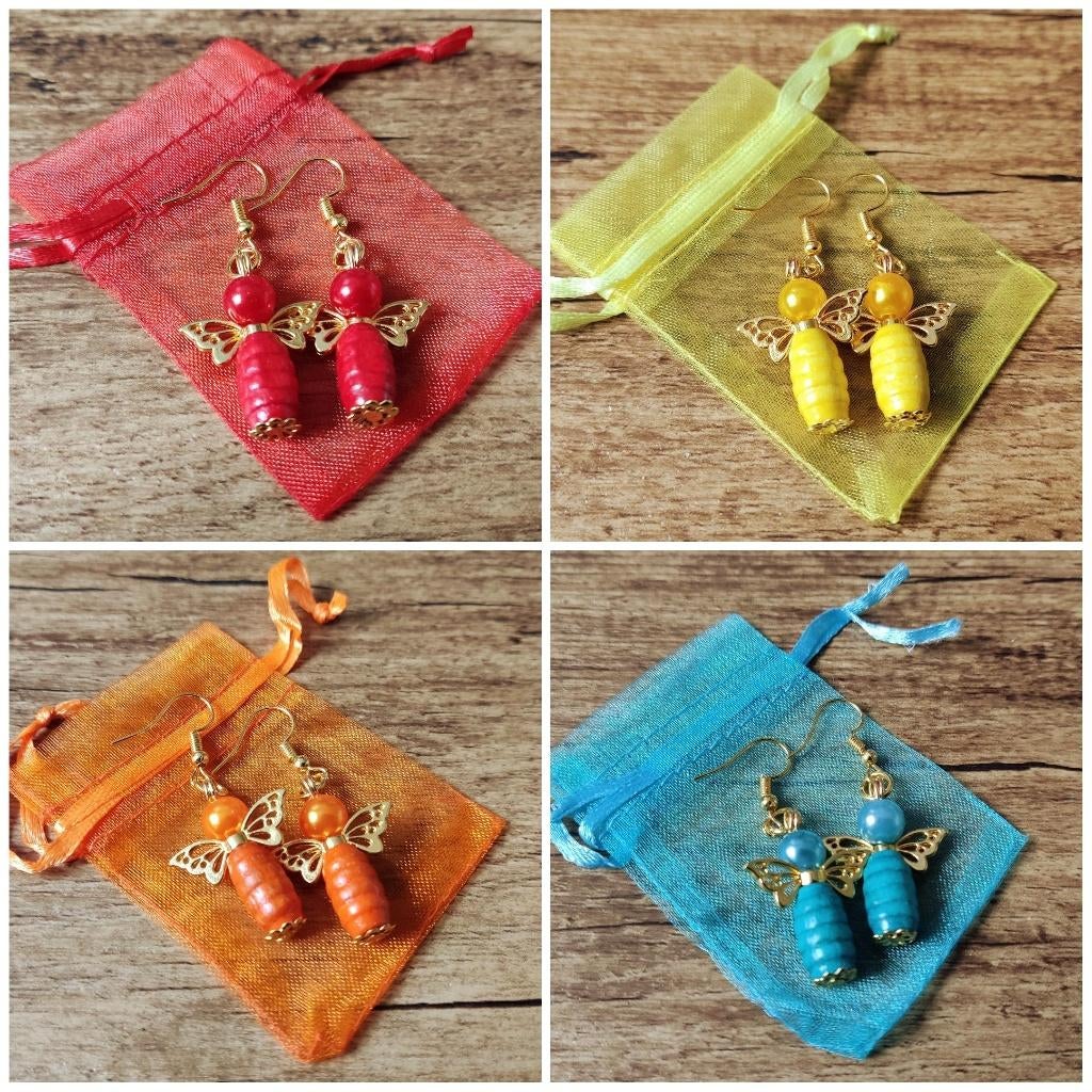 Kleurrijke geluksengeltjes oorbellen goudkleurig, Overige materialen, Hangers, Overige kleuren, Verzenden