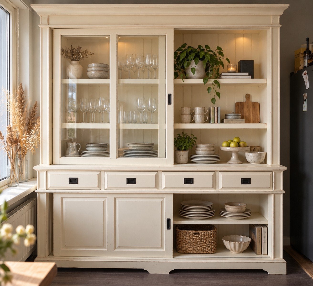 Prachtige landelijke buffetkast – crème/wit – 220 cm breed, Ophalen of Verzenden