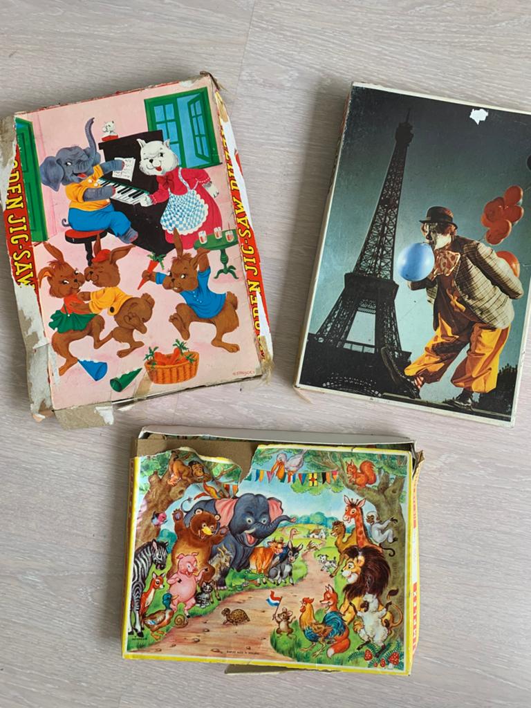 Vintage houten puzzels en puzzel Pipo de Clown, Kinderen en Baby's, Speelgoed | Kinderpuzzels, Gebruikt, 10 tot 50 stukjes, Ophalen of Verzenden