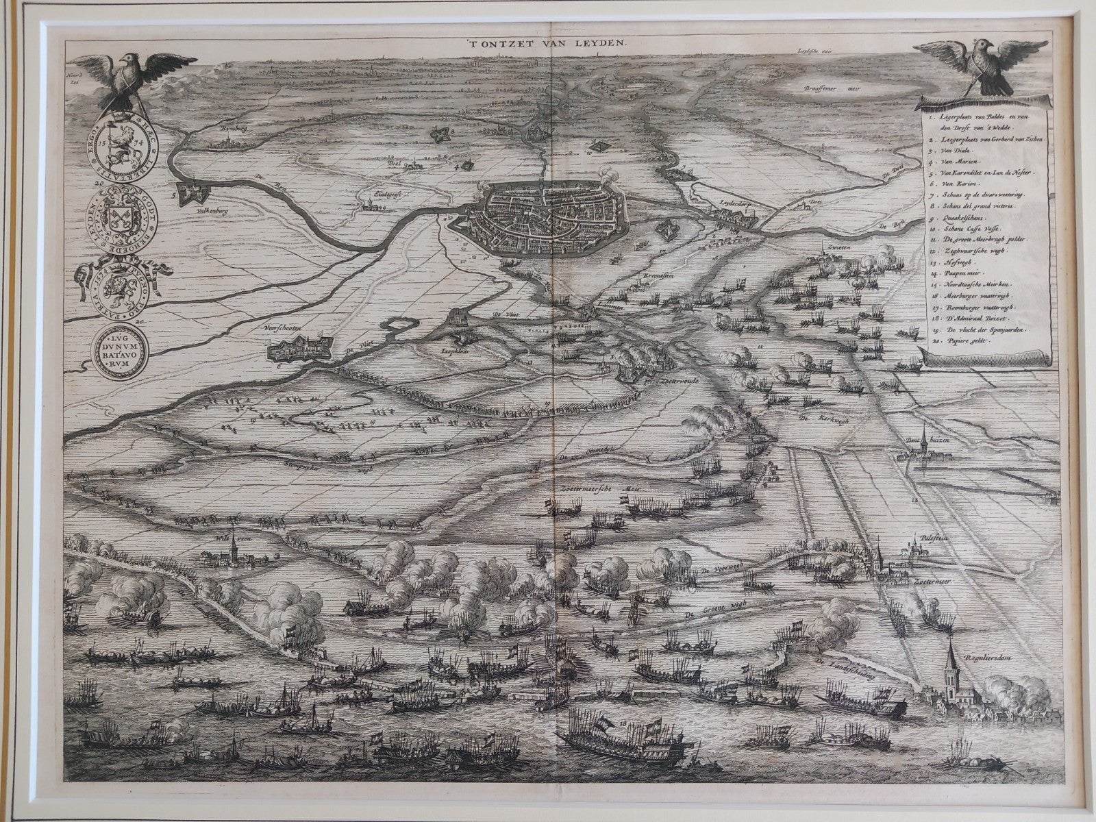Historische kaart 'T Ontzet van Leyden' - Gravure, Ingelijst, Cartografie, Gravure, 1600 - 1699