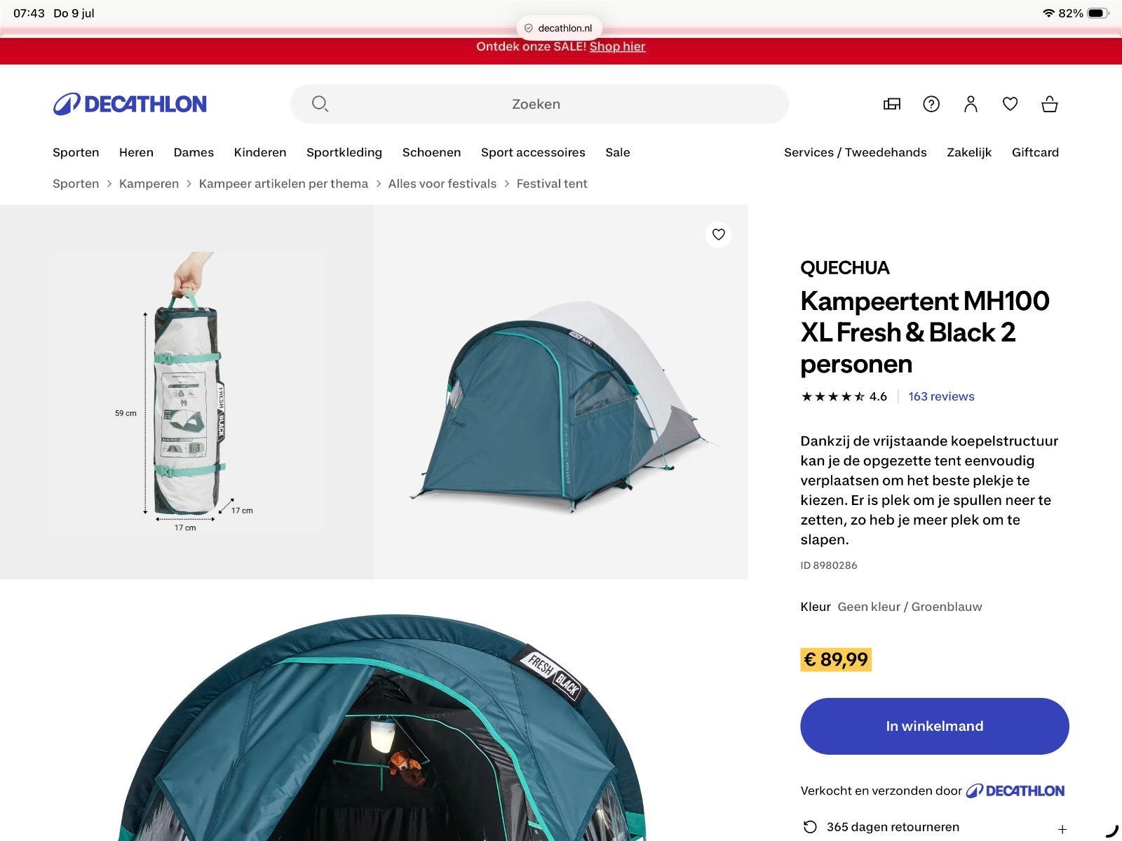 QUECHUA Kampeertent MH100 XL Fresh & Black 2 personen, Ophalen of Verzenden