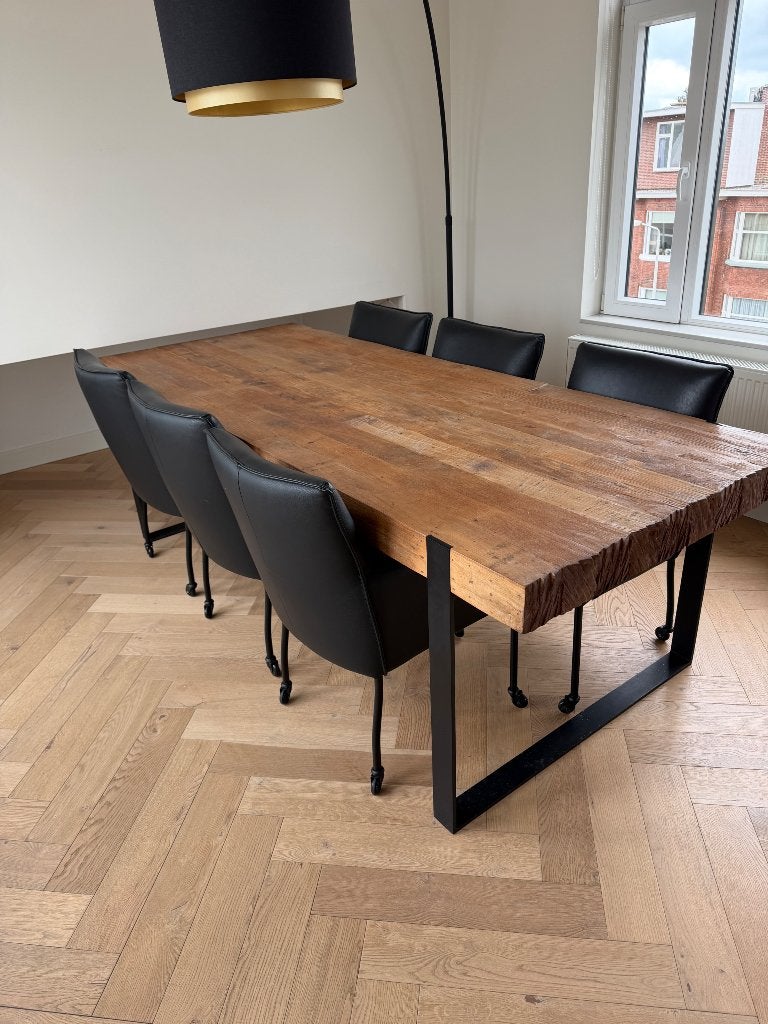 Prachtige teakhouten tafel van drijfhout met metalen poten, Huis en Inrichting, Tafels | Eettafels, Ophalen, Industrieel, robuust, modern