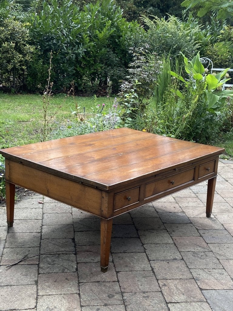 Koloniale houten salontafel – uitschuifbare laden en planken, Ophalen, Gebruikt, 100 tot 150 cm, Teakhout