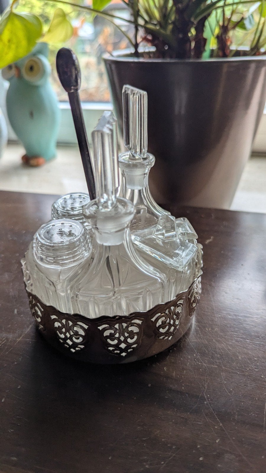 Vintage Glazen Zout, Peper, Olie & Azijnstel met Zilveren Ho, Ophalen of Verzenden