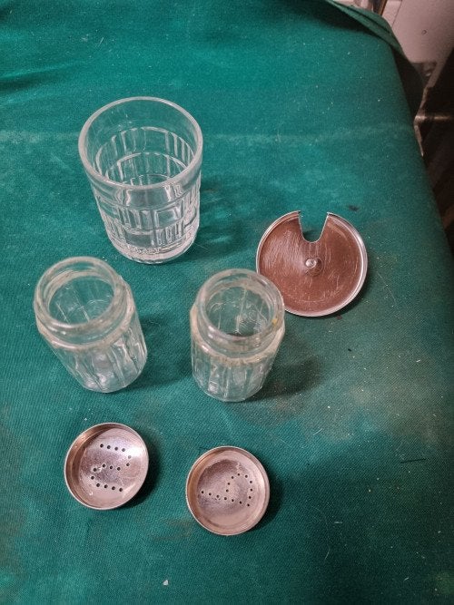 tafelset zout peper mosterd vintage glas, Ophalen of Verzenden, 'T Olde Gre-j, Info@toldegrej.nl, Endepoelstraat 20f Didam