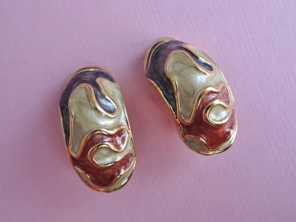jwg Vintage 80s 90s emaille oorbellen bruin creme goud klr, Sieraden, Tassen en Uiterlijk, Antieke sieraden, Oorbellen, Overige materialen