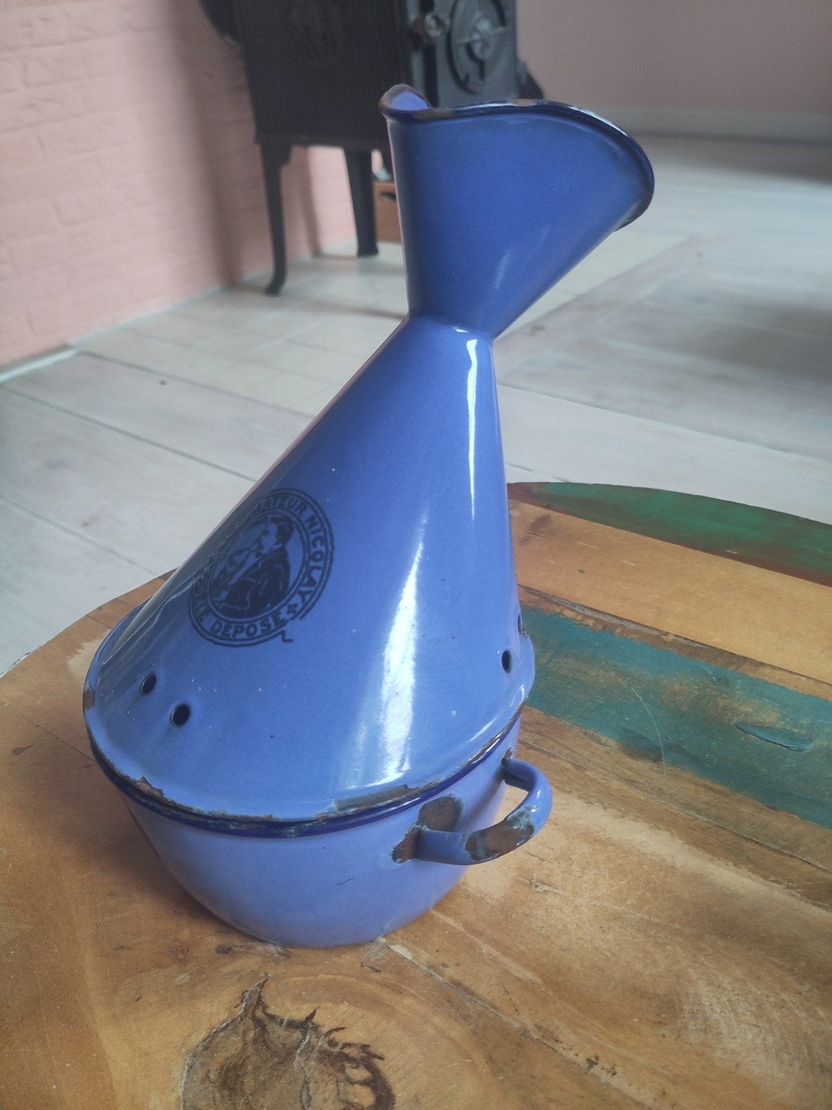 Vintage blauw geëmailleerde inhalatiepot / stoominhalator, Antiek en Kunst, Antiek | Emaille, Ophalen of Verzenden