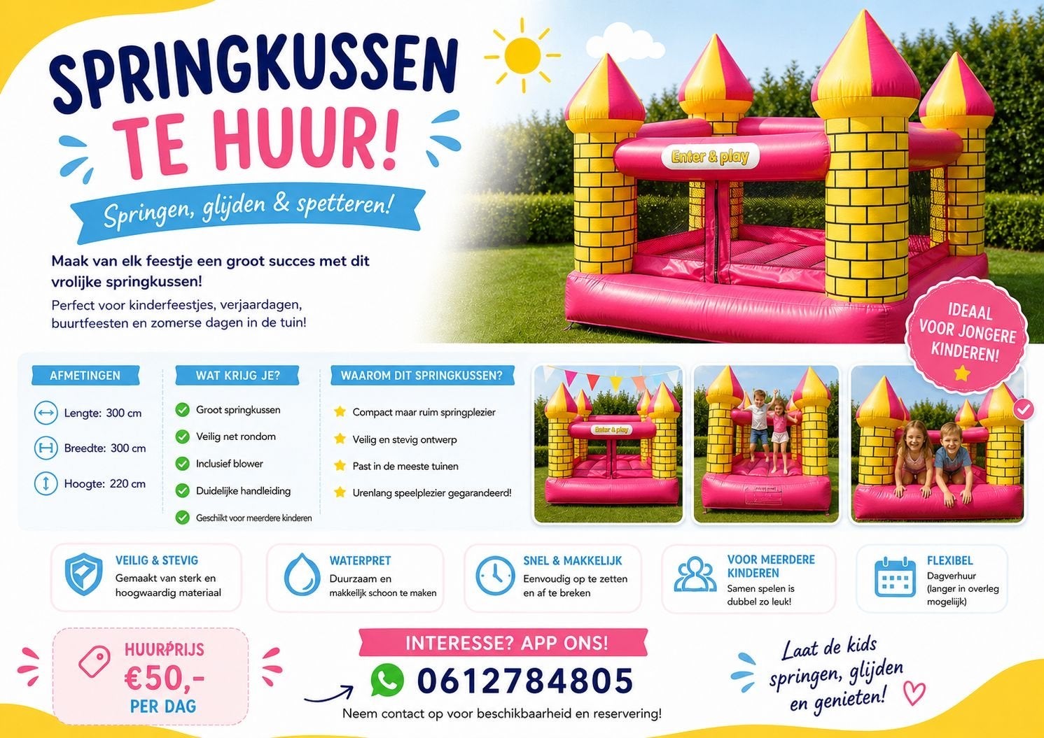 Springkussen te huur: Springen, glijden & spetteren!, Ophalen, Gebruikt