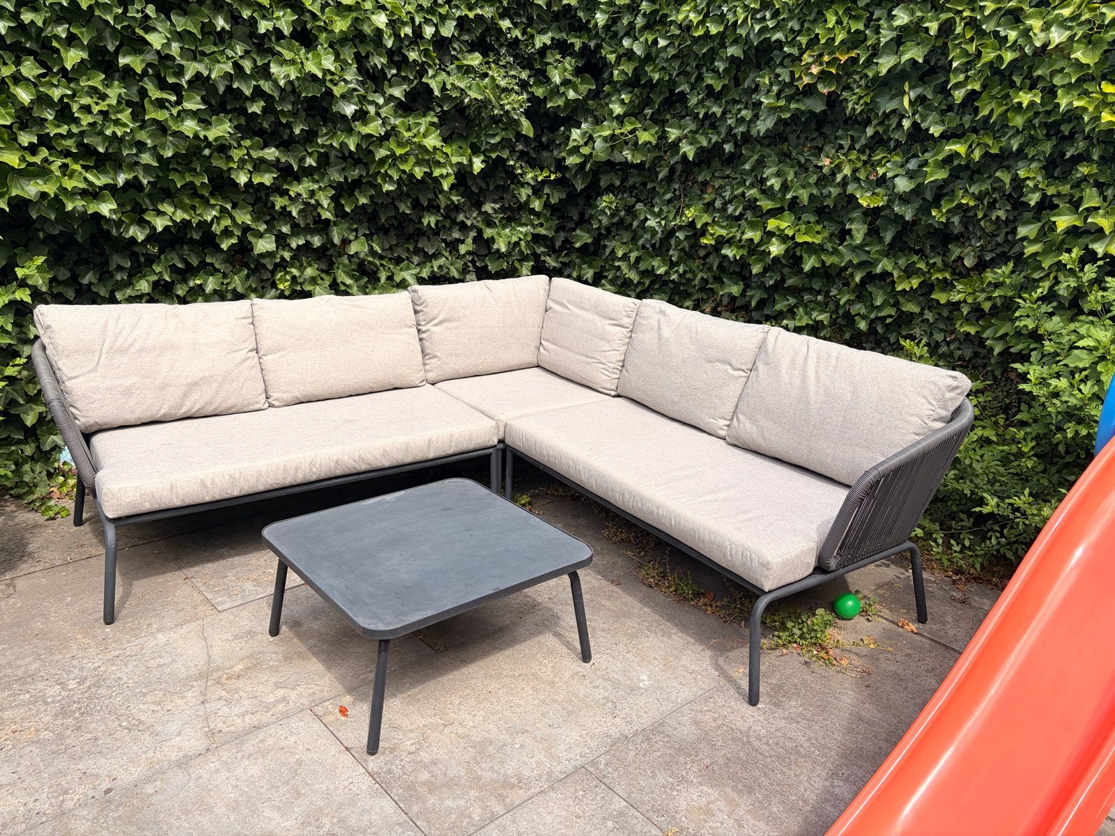 Complete Loungeset Kopenhagen + salontafel + kussenbox, Tuin en Terras, Ophalen, 5 zitplaatsen, Gebruikt, Bank