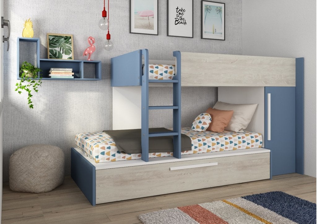 Jules stapelbed met kast en slaaplade - 90x200 - Blauw, Niet ingevuld, Niet ingevuld, Niet ingevuld