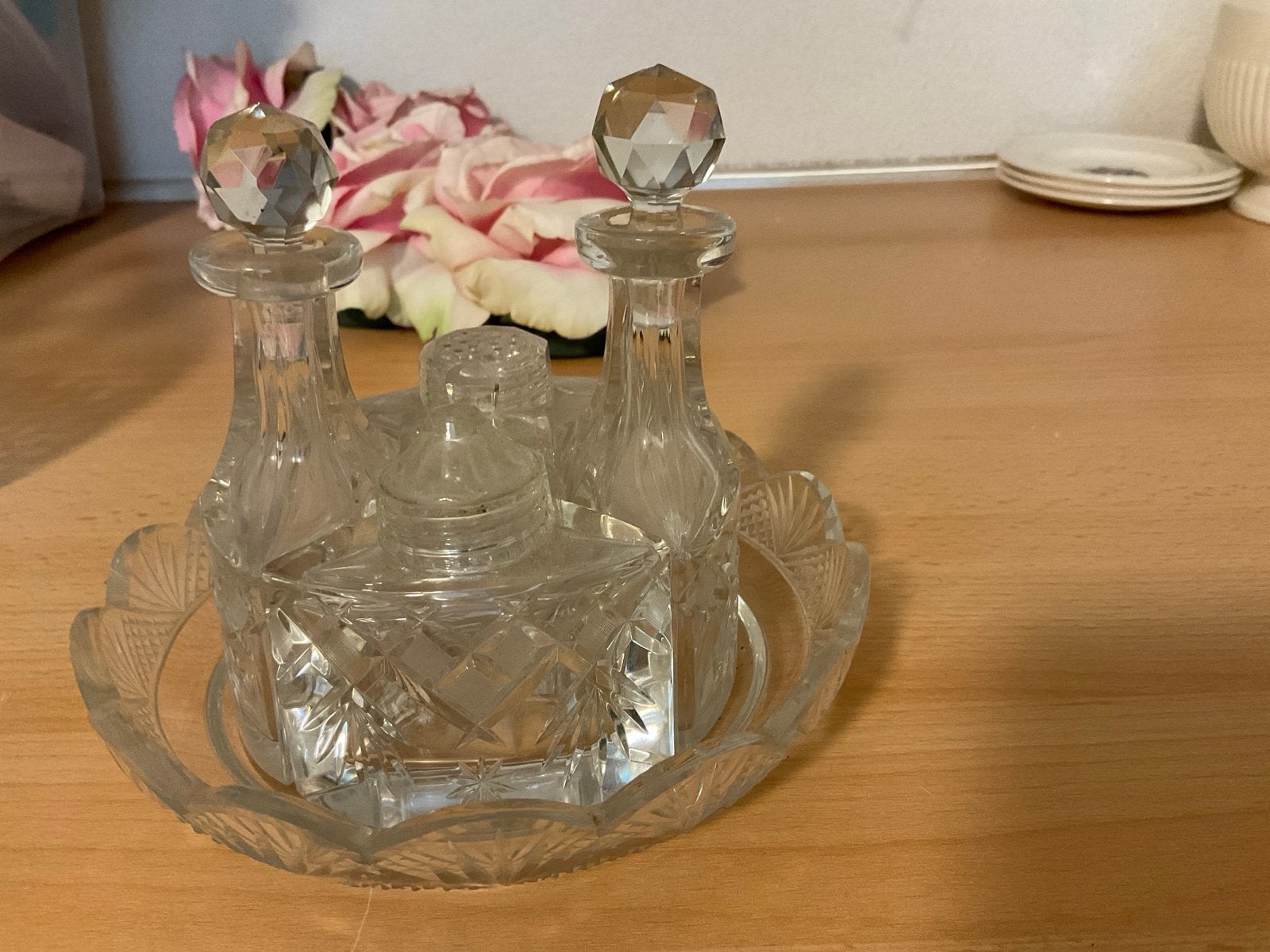 Vintage Kristallen Olie en Azijnstel met Zoutvaatje, Antiek en Kunst, Ophalen of Verzenden