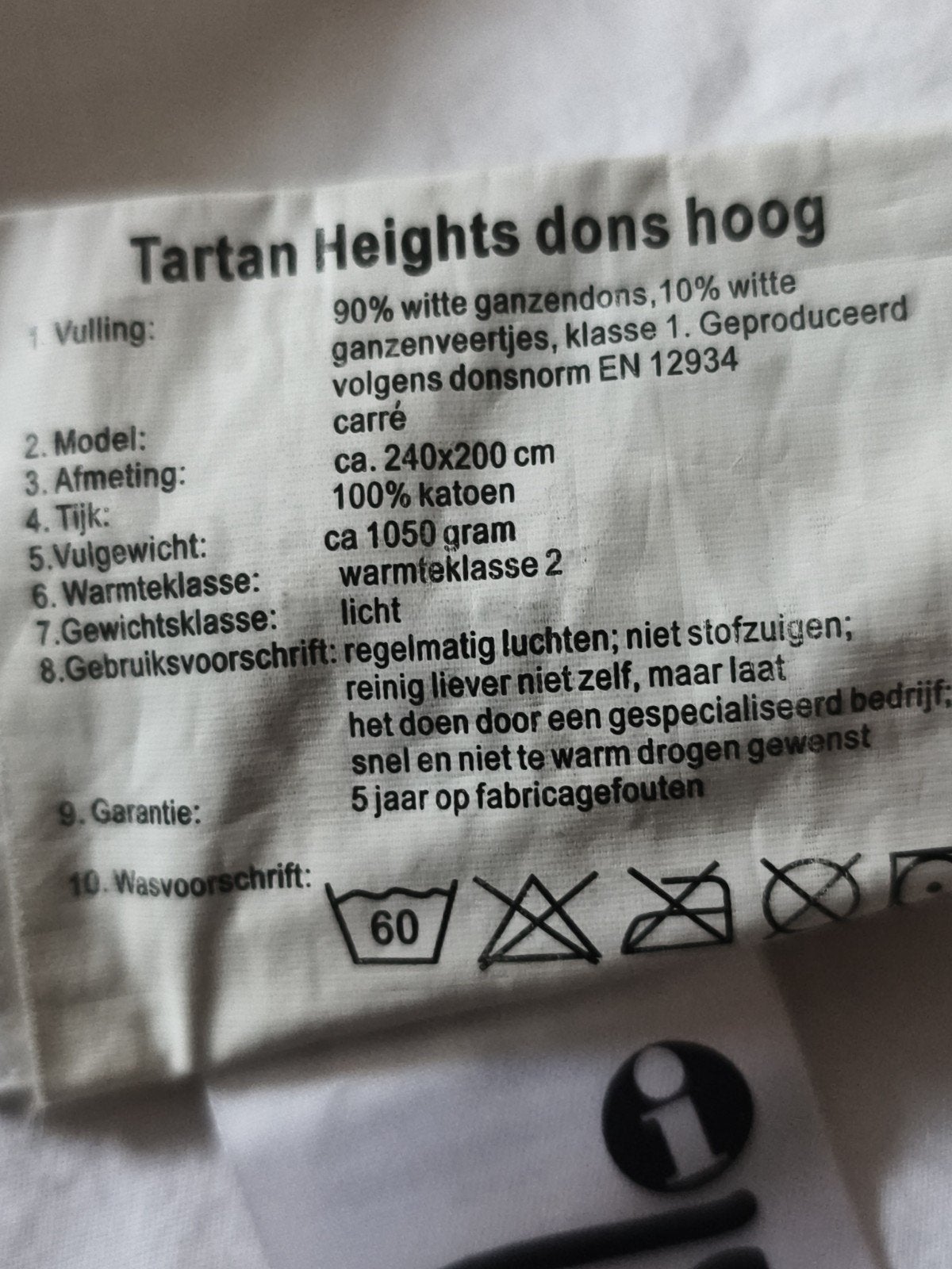 NieuwTartan Heights90%dons dekbed 240x200 cm, warmteklasse 2, Wit, Onbekend, Dons en Veren, Ophalen of Verzenden