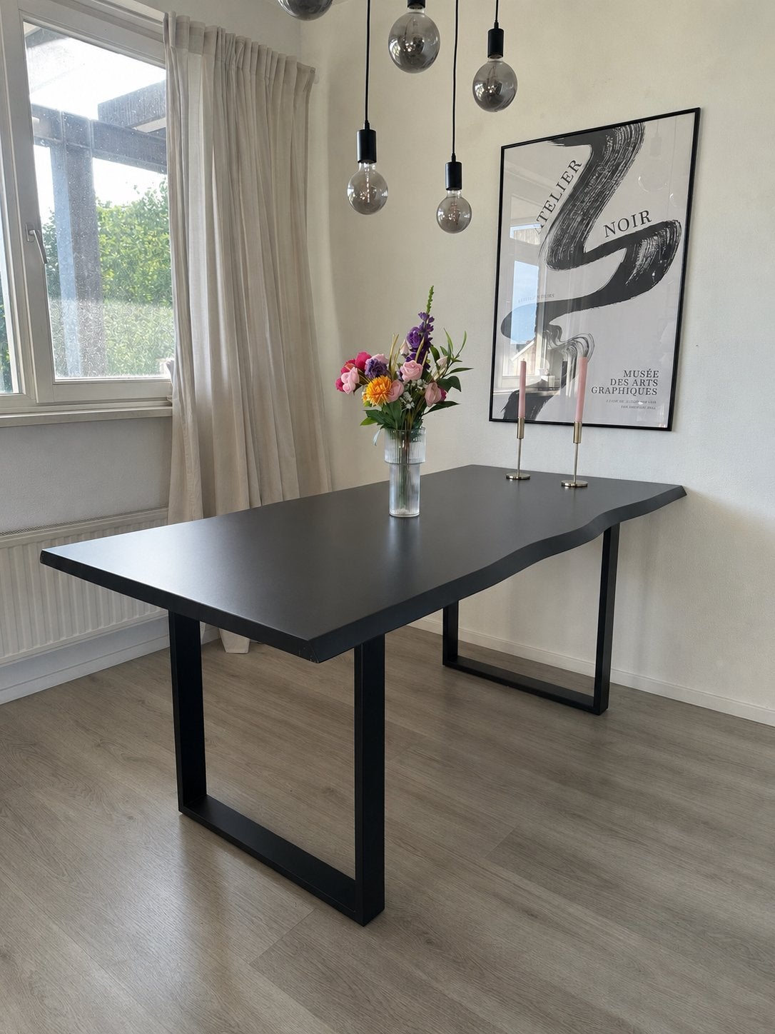 Zwarte eettafel met metalen poten 180 x 92 cm, Ophalen, Gebruikt, 50 tot 100 cm, 150 tot 200 cm
