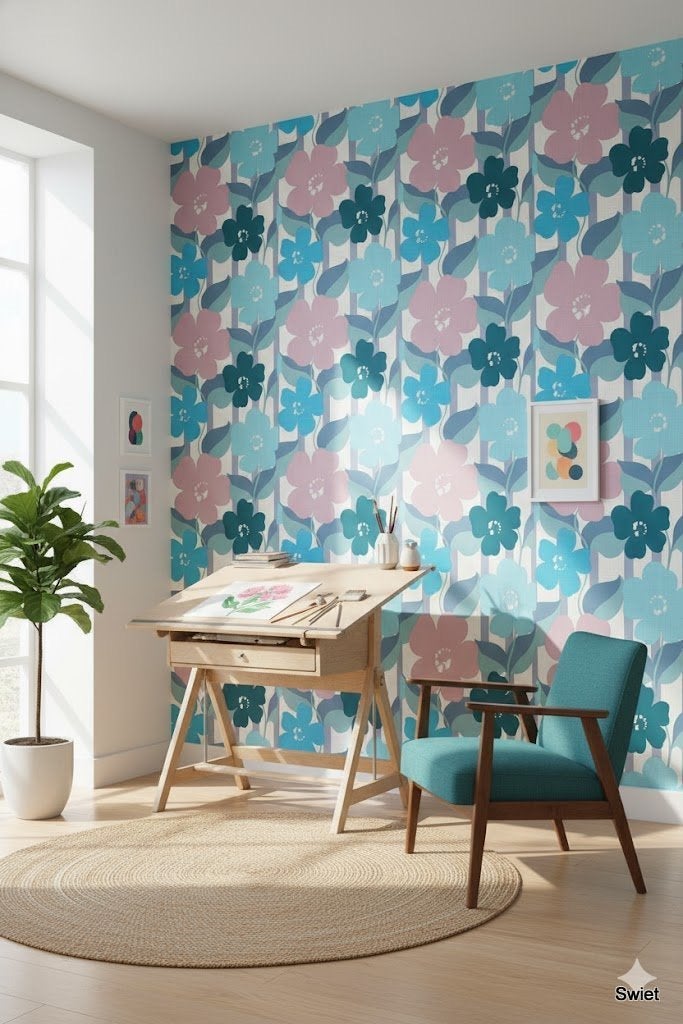 6672 funkywalls vintage bloemenbehang blauw roze groen swiet, Ophalen of Verzenden, Blauw