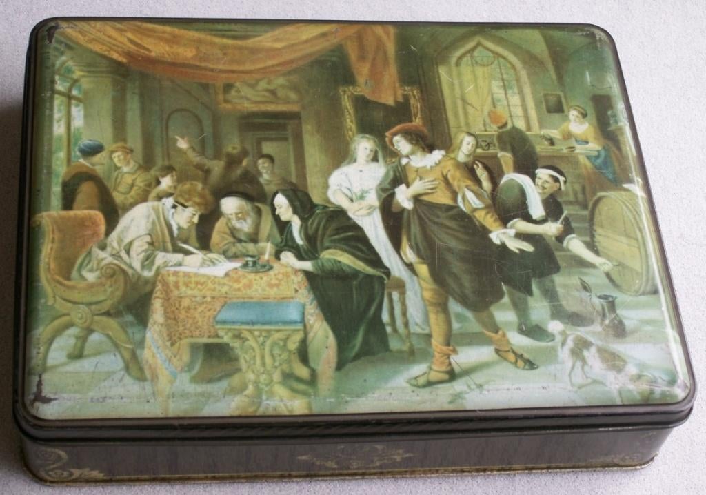 Oude blikken trommel met schilderij afbeelding, Verzamelen, Blikken, Ophalen of Verzenden, Gebruikt, Overige