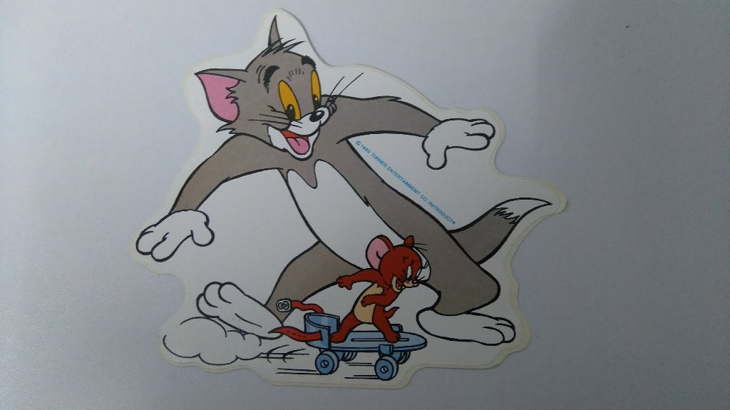 Tom en Jerry kat muis rolschaats strip sticker Vintage 1989, Ophalen of Verzenden, Zo goed als nieuw, Strip of Tekenfilm
