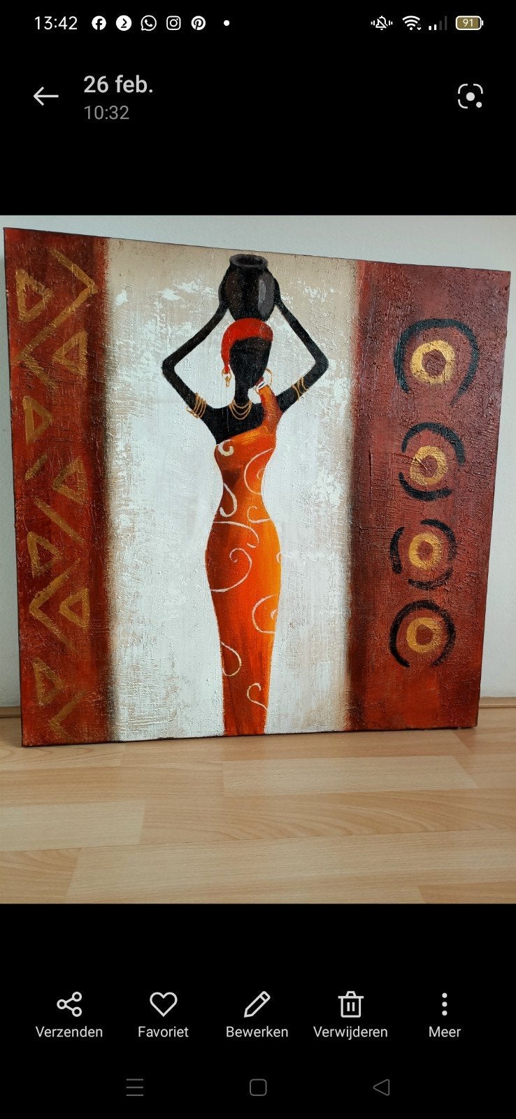 Afrikaans schilderij met vrouw en pot, Oranje, Schilderij, Afrika, Geschilderd