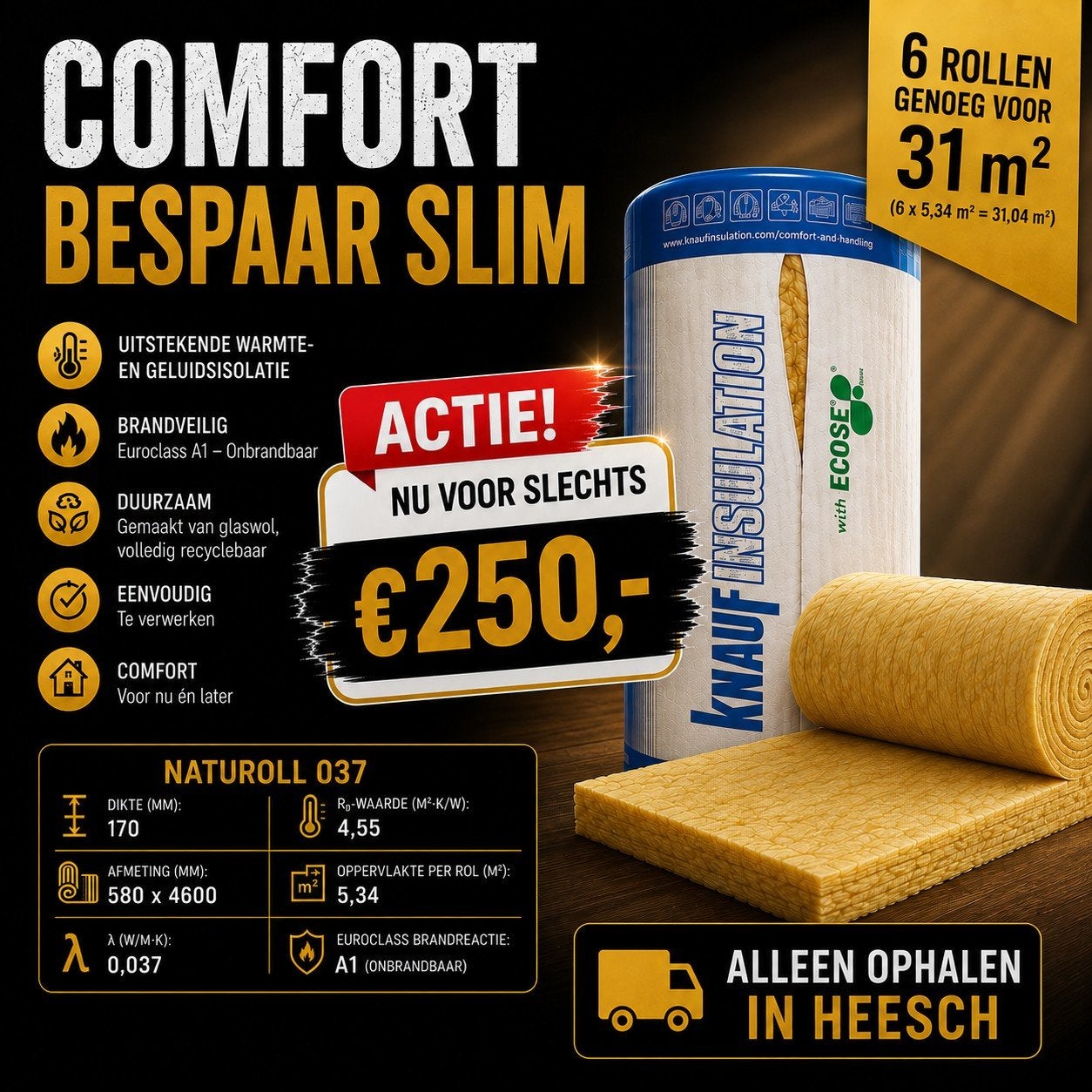 Knauf Naturoll 037 Glaswol Isolatie - 6 rollen voor 31m², Ophalen, 12 cm of meer, Nieuw, 15 m² of meer