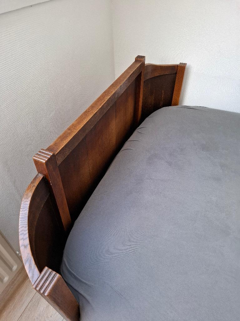 Houten ombouw twee persoons twijfelaar, Huis en Inrichting, Slaapkamer | Bedden, Ophalen, Gebruikt, Bruin, 140 cm