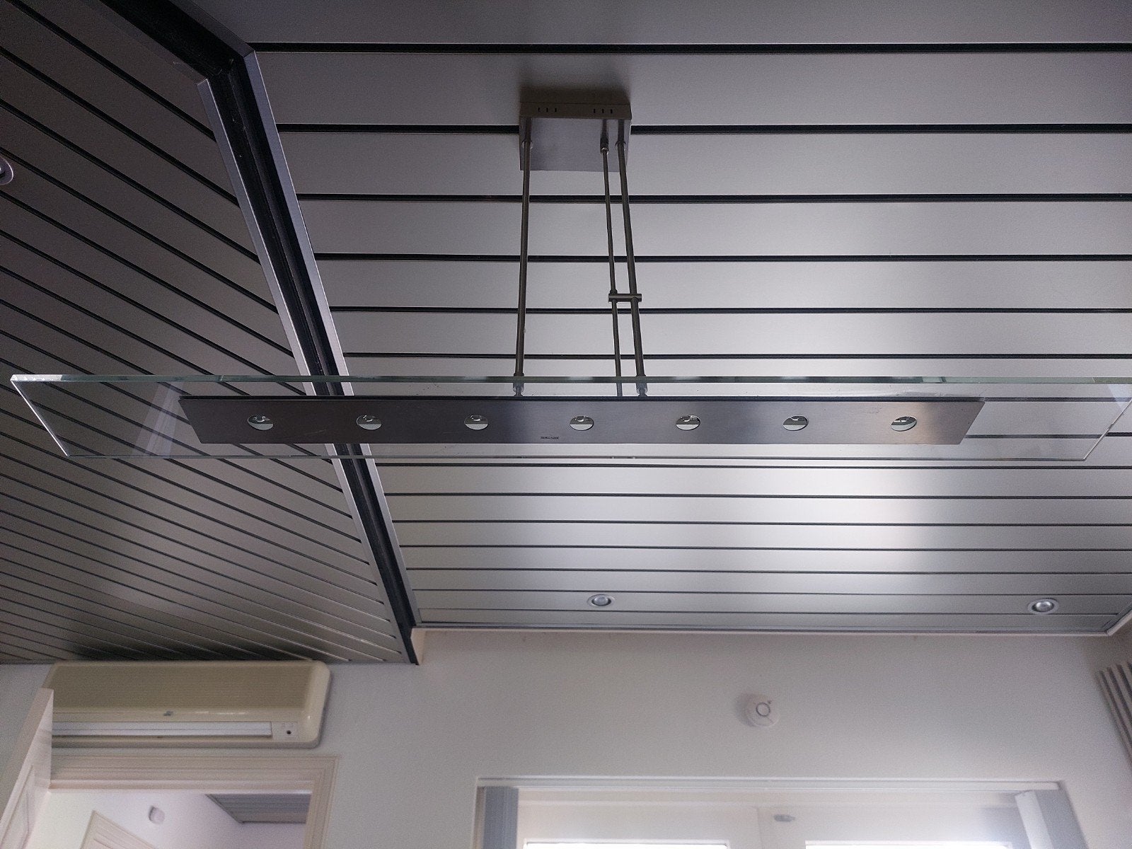 Moderne hanglamp met 7 lampjes, 140 cm breed, Ophalen, Gebruikt, 50 tot 75 cm, Glas