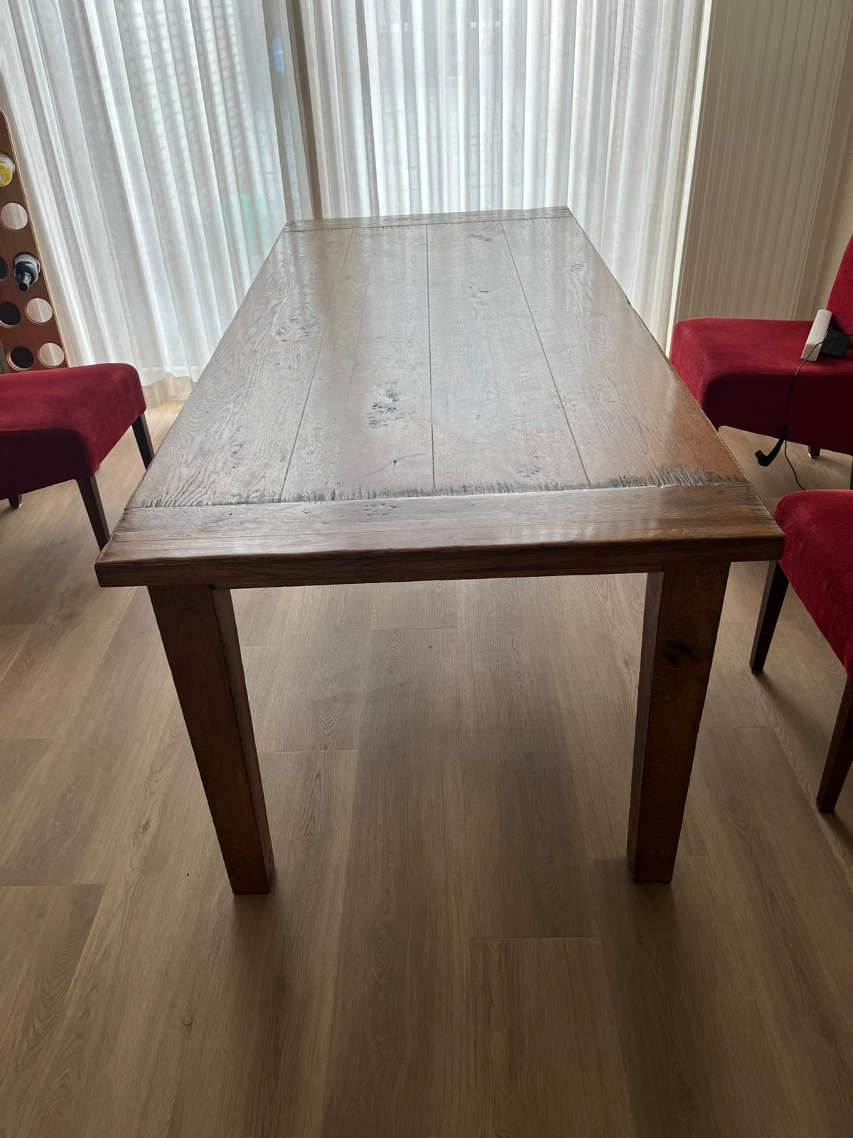 Eethoek met zes stoelen maat tafel 2 meter bij 90 cm, Ophalen, Gebruikt, Eikenhout, 50 tot 100 cm