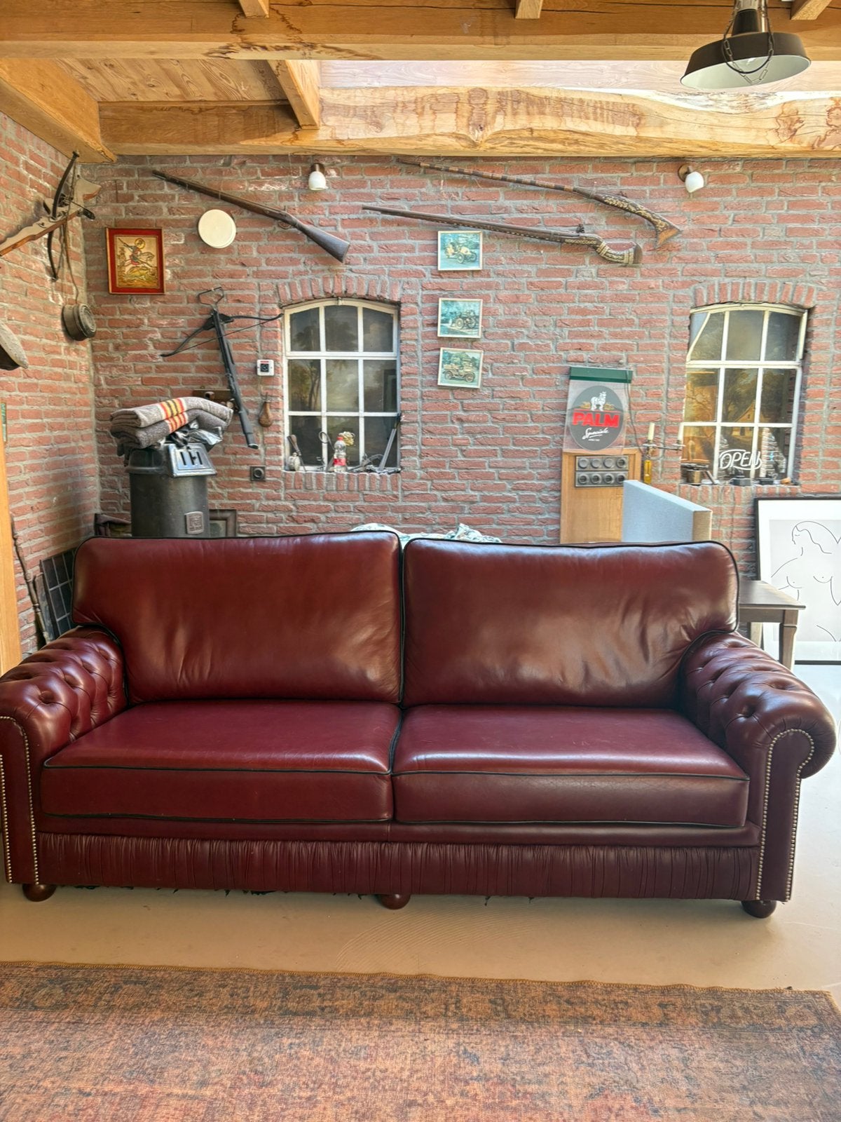 ️ Originele Chesterfield Leren Bank  Rood  2-Zits 3-Zits, Ophalen, Driepersoons, 75 tot 100 cm, Zo goed als nieuw