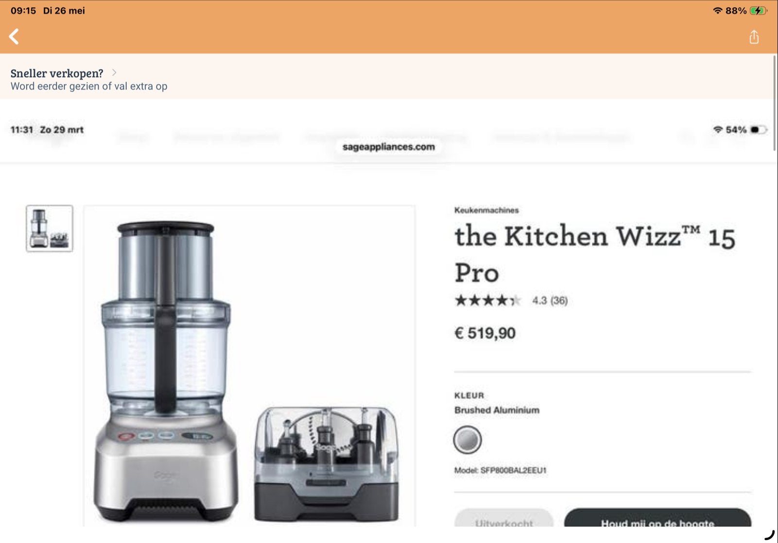 Sage The Kitchen Wizz 15 Pro Foodprocessor met accessoires, Ophalen, Zo goed als nieuw, Vaatwasserbestendig, 3 snelheden of meer